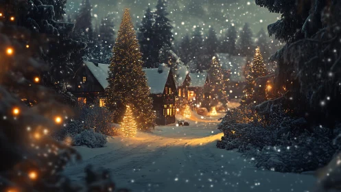 Snowy forest village with glowing Christmas lights at dusk.