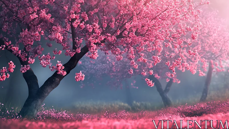 Cherry blossom trees glow softly in misty spring light