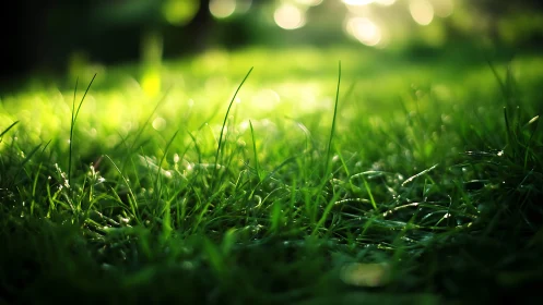 Dewy Green Grass in Soft Morning Light, Nature Photography.