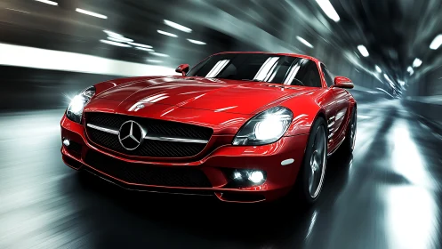 High-gloss red sports coupé in motion blur tunnel environment