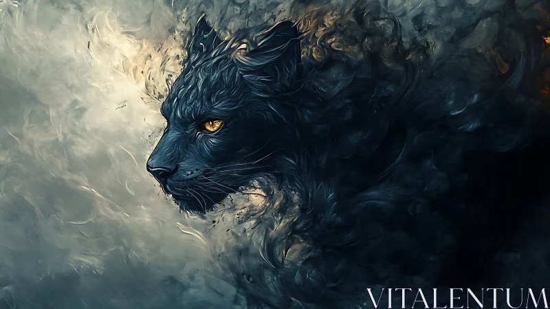 Black panther head emerges from swirling smoky textures