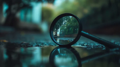 Magnifying glass on wet pavement with reflected urban trees.