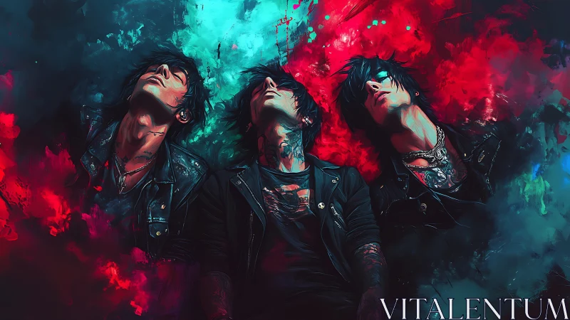 Neon-lit punk triptych drifts through electric color haze.