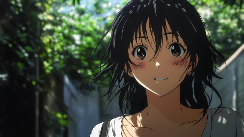 Smiling anime girl walks outdoors under soft dappled sunlight.