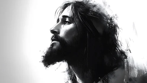 Monochrome profile portrait of bearded long haired figure.