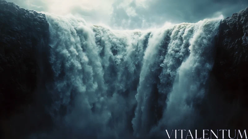 High-volume cataract waterfall under stormy overcast sky in motion