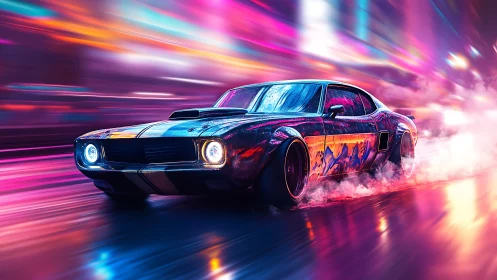 Neon night muscle car cruising through painted city streets.