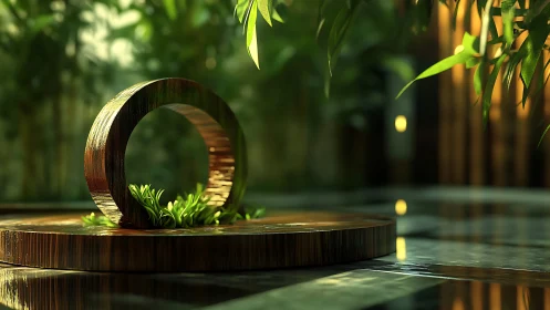 Wooden Ring Sculpture in a Serene Garden Sanctuary.