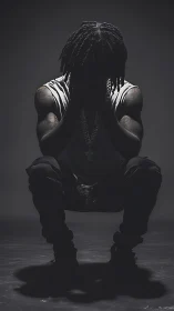 Shadowed squatting figure carves silence from studio light