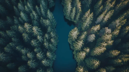 Aerial view of coniferous forest bisected by turquoise river