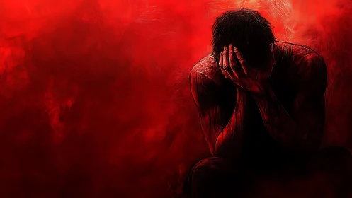 Crimson storm of grief swallowing a lone, broken figure.