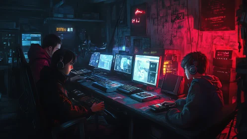 Three youths at multi-monitor workstations in neon room.