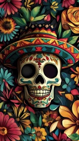 Sugar skull grins beneath a fiesta of painted blossoms