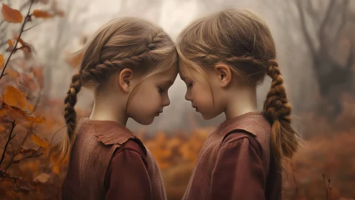Symmetrical twin girls in soft-focus autumn forest color palette