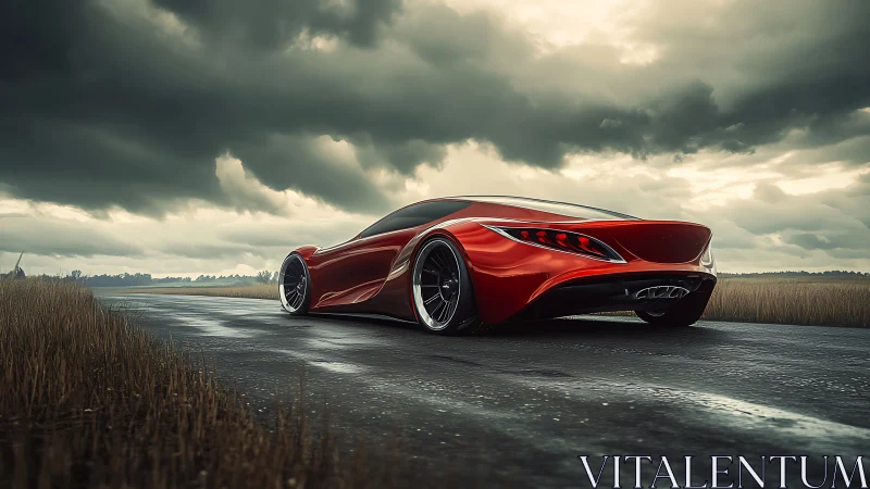 Aerodynamic red concept supercar glides along wet rural road