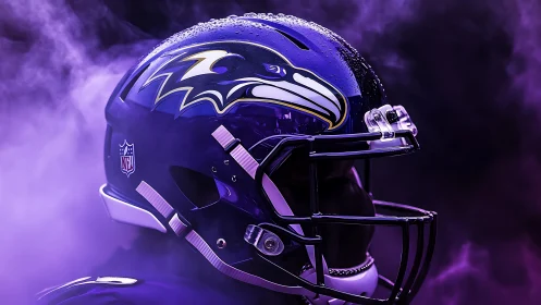 Ravens football helmet glows in saturated purple smoke