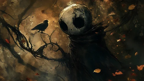 Haunting forest effigy watches a lone crow in autumn dusk.