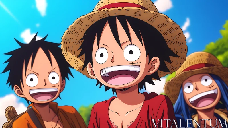 Smiling anime pirates in straw hats on a bright day.