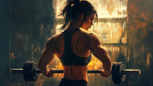 Muscular woman lifting barbell in moody gym, digital art realism.