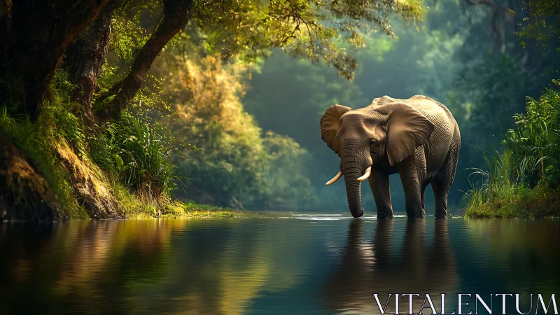Elephant wading through reflective forest river under diffused backlight