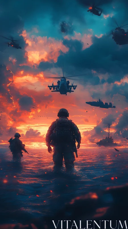 Futuristic seaborne assault at dusk with soldiers and gunships.