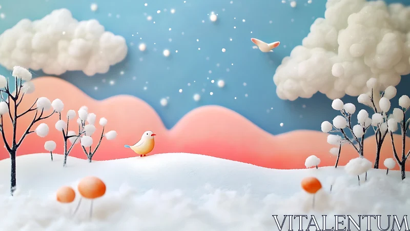 Small stylized birds occupy a constructed snowy landscape