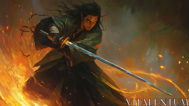 Blazing samurai cuts through storming firelit twilight.