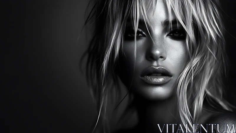 Monochrome close-up portrait of woman with tousled hair.