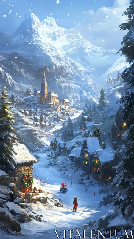 Snow-covered alpine village glows with warm festive lights