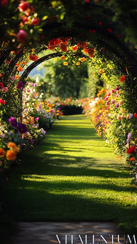 Sunlit rose archway framing lush garden walkway.