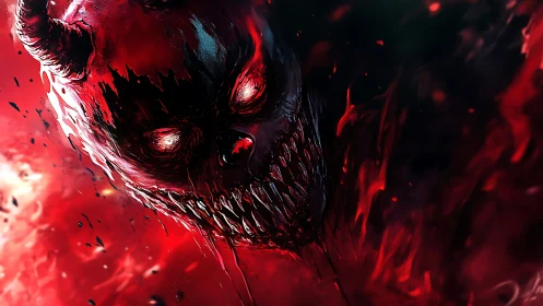 Fierce horned demon emerges from swirling crimson flames