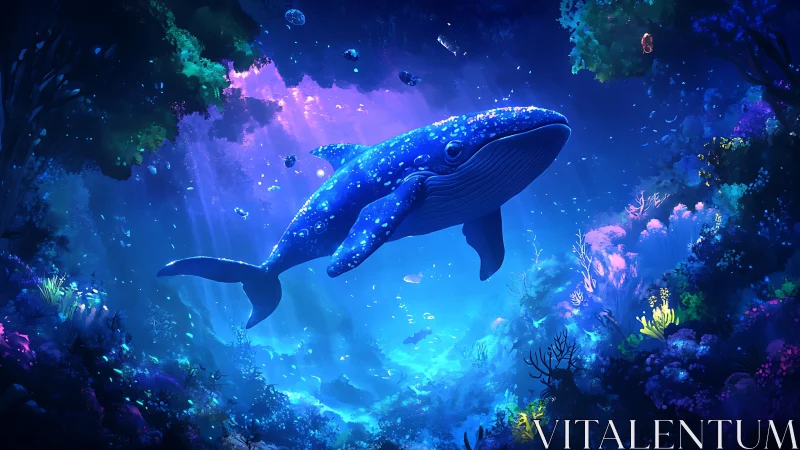 Cosmic blue whale drifts through a glowing coral dreamscape