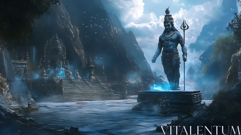 Monumental Shiva statue dominates mist-laden Himalayan temple court