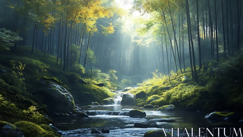 Luminous Stream Through Ancient Forest Cathedral.