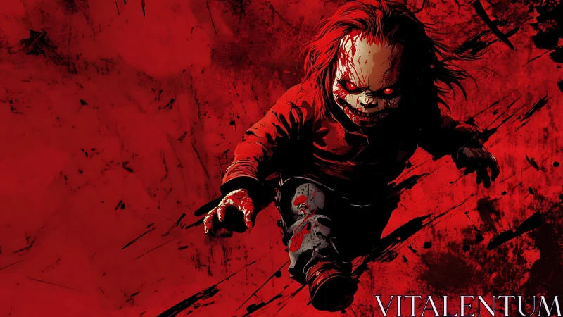 Blood slicked doll charges through a jagged crimson storm