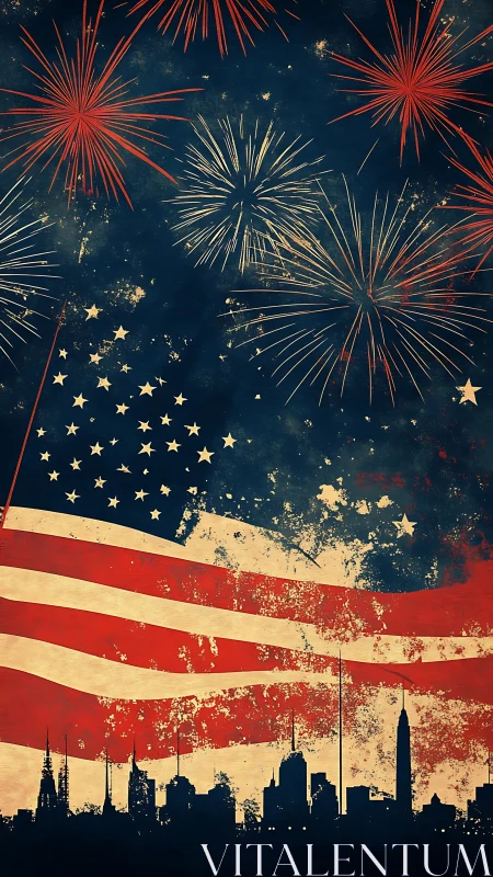 Distressed American flag over city skyline with fireworks.