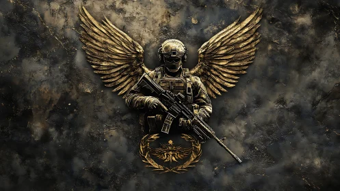 Winged armored soldier relief holds rifle against textured wall