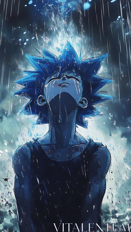 Blue haired anime boy stands in pouring rain, eyes closed.