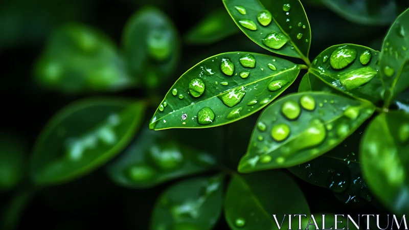 Macro study of rain-soaked green leaves with glossy droplets.
