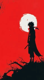 High-contrast samurai silhouette against textured red lunar backdrop