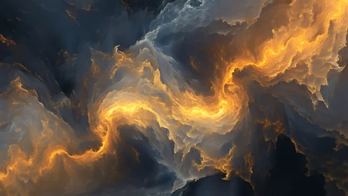 Solar storm river swirling through midnight storm clouds.