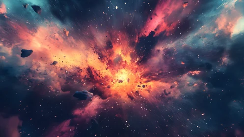 Cosmic nebula explosion with radiating debris field.