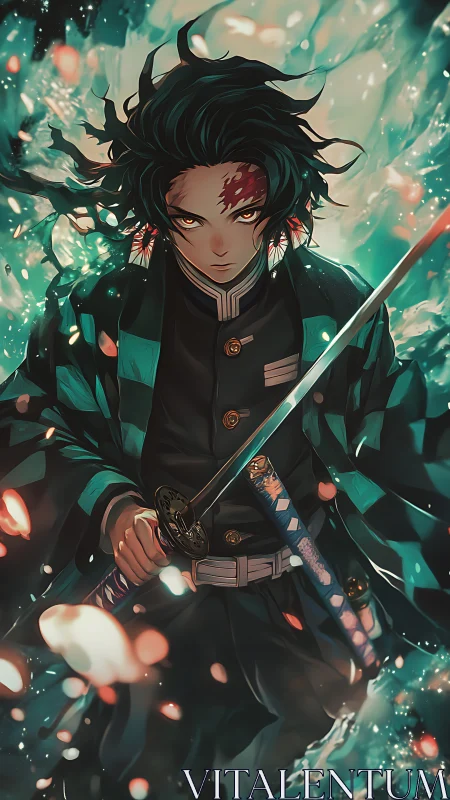 Sword-lit warrior strides through teal embers and stormlight.