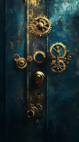 Steampunk brass gear lock on distressed teal metal door.