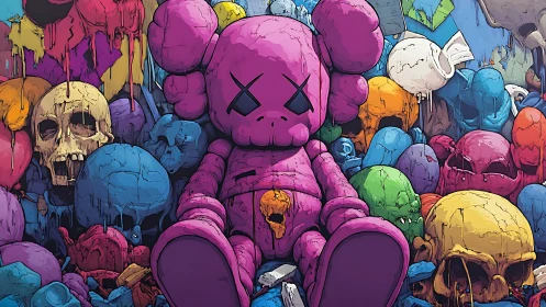 Candy-colored skull storm crowned by a fallen plush titan.