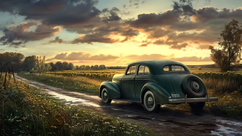 Vintage sedan on muddy rural road at calm sunset scene.
