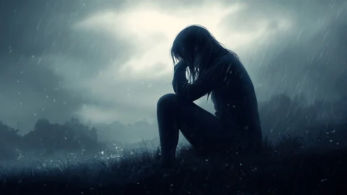 Silhouetted figure in rainlit meadow conveys introspective solitude