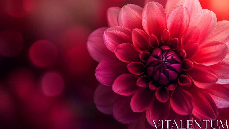 Crimson Dahlia Bloom in Soft Focus Bokeh.