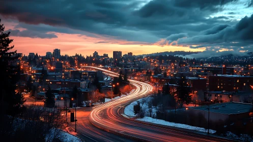 Urban winter cityscape with curved highway light trails.