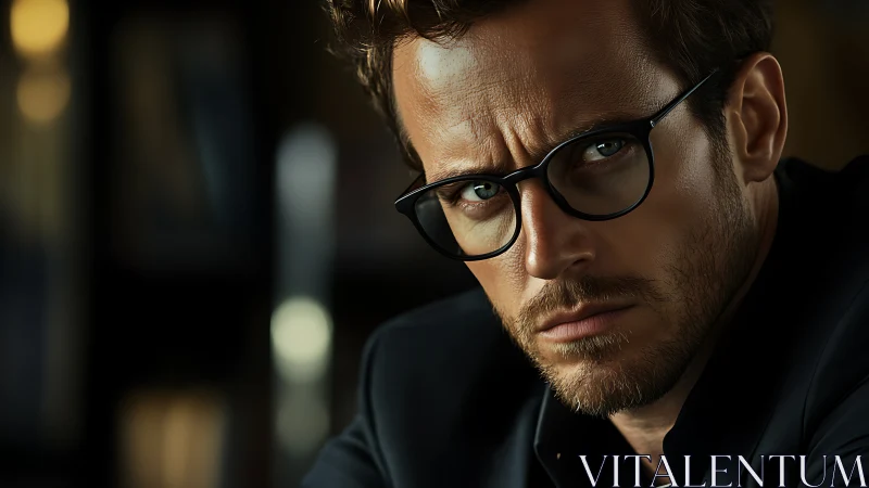 Close portrait of man with glasses in dim interior setting.